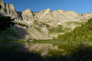 Scenic view of "Castle Lake" 2024-07-23, #05; lacks fairy shrimp; Ruby Mountains Ranger District, Humboldt-Toiyabe National Forest, Ruby Mountains Wilderness