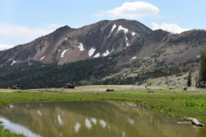 Scenic view of Marys River Peak Middle Pond 2024-07-13, #18, with Marys River Peak in background; lacks fairy shrimp; Jarbidge Ranger District, Humboldt-Toiyabe National Forest, Jarbidge Wilderness