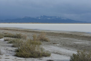 Scenic view of "Snow Water Lake" 2025-04-23, #10, with Spruce Mountain in distance; lacks fairy shrimp; Elko BLM Office