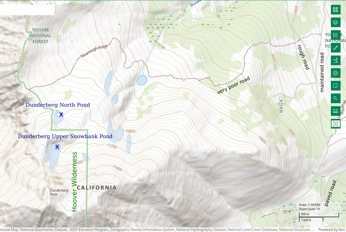 Topographic Map of Dunderberg North Pond and Dunderberg Upper Snowbank Pond; The National Map with contours, roads, perennial/ephemeral water bodies, forest cover, marsh, UTM grid, private land