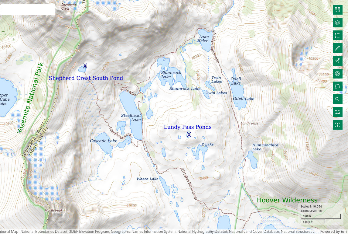 Topographic Map of Lundy Pass Ponds and Shepherd Crest South Pond; The National Map with contours, roads, perennial/ephemeral water bodies, forest cover, marsh, UTM grid, private land