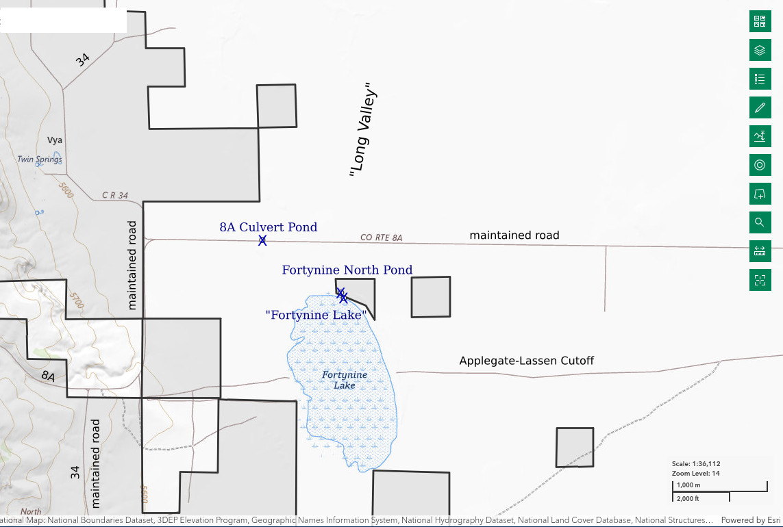 Topographic Map of "Fortynine Lake", Fortynine North Pond, and 8A Culvert Pond; The National Map with contours, roads, perennial/ephemeral water bodies, forest cover, marsh, UTM grid, private land