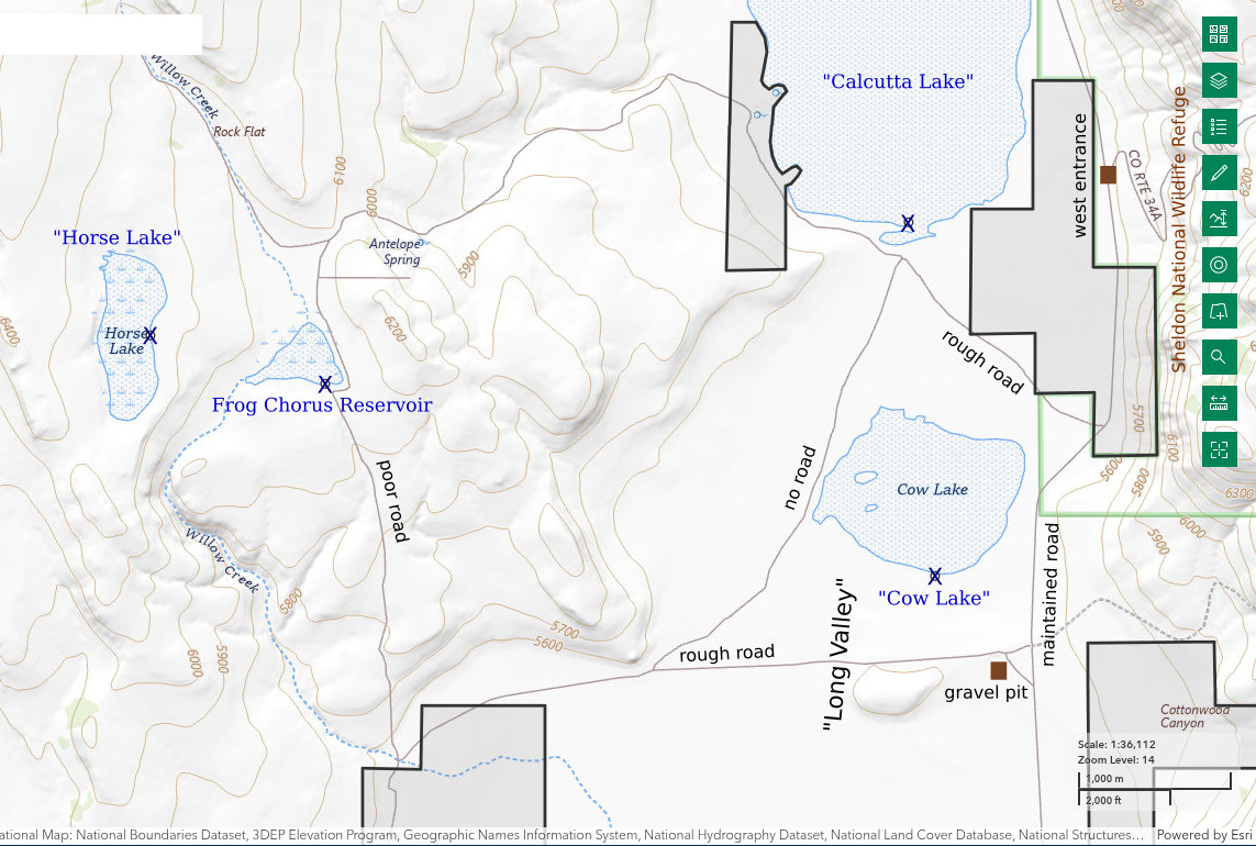 Topographic Map of "Horse Lake", "Calcutta Lake", "Cow Lake", and Frog Chorus Reservoir; The National Map with contours, roads, perennial/ephemeral water bodies, forest cover, marsh, UTM grid, private land