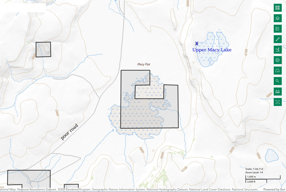 Topographic Map of Upper Macy Lake; The National Map with contours, roads, perennial/ephemeral water bodies, forest cover, marsh, UTM grid, private land