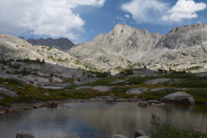 Scenic view of "Island Lake" Pond #1 2025-08-13, #51; lacks fairy shrimp; Pinedale Ranger District, Bridger-Teton National Forest, Bridger Wilderness