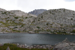Scenic view of "Island Lake" Pond #2 2025-08-13, #53; has fairy shrimp; Pinedale Ranger District, Bridger-Teton National Forest, Bridger Wilderness
