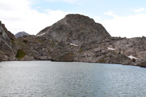 Scenic view of "Island Lake" Pond #3 2025-08-13, #54; lacks fairy shrimp; Pinedale Ranger District, Bridger-Teton National Forest, Bridger Wilderness