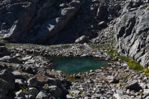 Scenic view of "Island Lake" Pond #4 2025-08-13, #55; lacks fairy shrimp; Pinedale Ranger District, Bridger-Teton National Forest, Bridger Wilderness