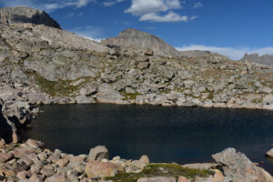 Scenic view of "Island Lake" Pond #5 2025-08-13, #56, with fairy shrimp; Pinedale Ranger District, Bridger-Teton National Forest, Bridger Wilderness