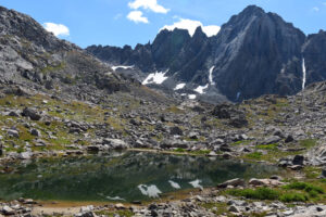 Scenic view of Little Deep Pond 2025-08-11, #16, with Harrower Peak in the background; lacks fairy shrimp; Pinedale Ranger District, Bridger-Teton National Forest, Bridger Wilderness