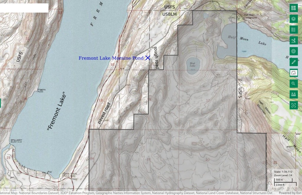 Topographic Map of "Fremont Lake" Moraine Pond; The National Map with contours, roads, perennial/ephemeral water bodies, forest cover, marsh, private land