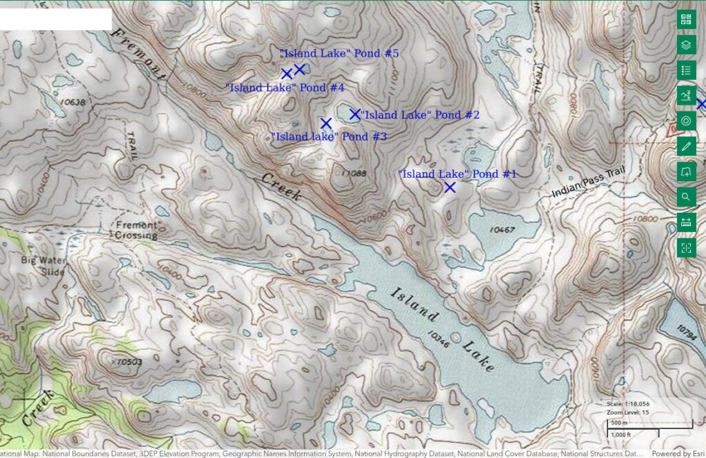 Topographic Map of "Island Lake" Pond #2 and ponds #1, #3, #4, and #5; The National Map with contours, roads, perennial/ephemeral water bodies, forest cover, marsh, private land