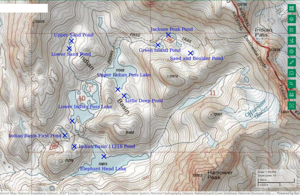 Topographic Map of Lower Indian Pass Lake and other lakes and ponds of Indian Basin; The National Map with contours, roads, perennial/ephemeral water bodies, forest cover, marsh, private land