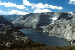 Scenic view of glacially carved "Ross Lake" 1985-08, #1501; Lander Ranger District, Shoshone National Forest, Fitzpatrick Wilderness