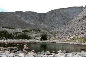 Scenic view of "Chill Lakes" Unseen Pond 2026-08-17, #37, lacks fairy shrimp; Powder River Ranger District, Bighorn National Forest, Cloud Peak Wilderness