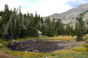 Scenic view of "Cliff Lake" Northwest Pond #2 2026-08-25, #88, lacks fairy shrimp; Medicine Wheel Ranger District, Bighorn National Forest, Cloud Peak Wilderness