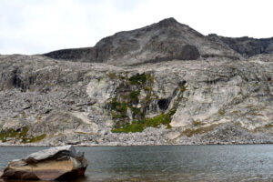 Scenic view of Cloud Peak Green Waterfall Lake 2026-08-30, #112, lacks fairy shrimp; Medicine Wheel Ranger District, Bighorn National Forest, Cloud Peak Wilderness