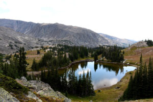 Scenic view of "Lake Eunice" Northwest Pond 2026-08-25, #84, lacks fairy shrimp; Medicine Wheel Ranger District, Bighorn National Forest, Cloud Peak Wilderness