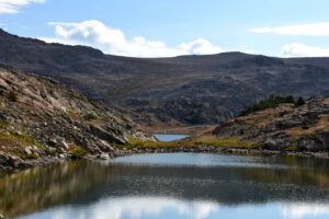 Scenic view of "Rainbow Lake" West Pond #1 2026-08-25, #74, lacks fairy shrimp; Medicine Wheel Ranger District, Bighorn National Forest, Cloud Peak Wilderness